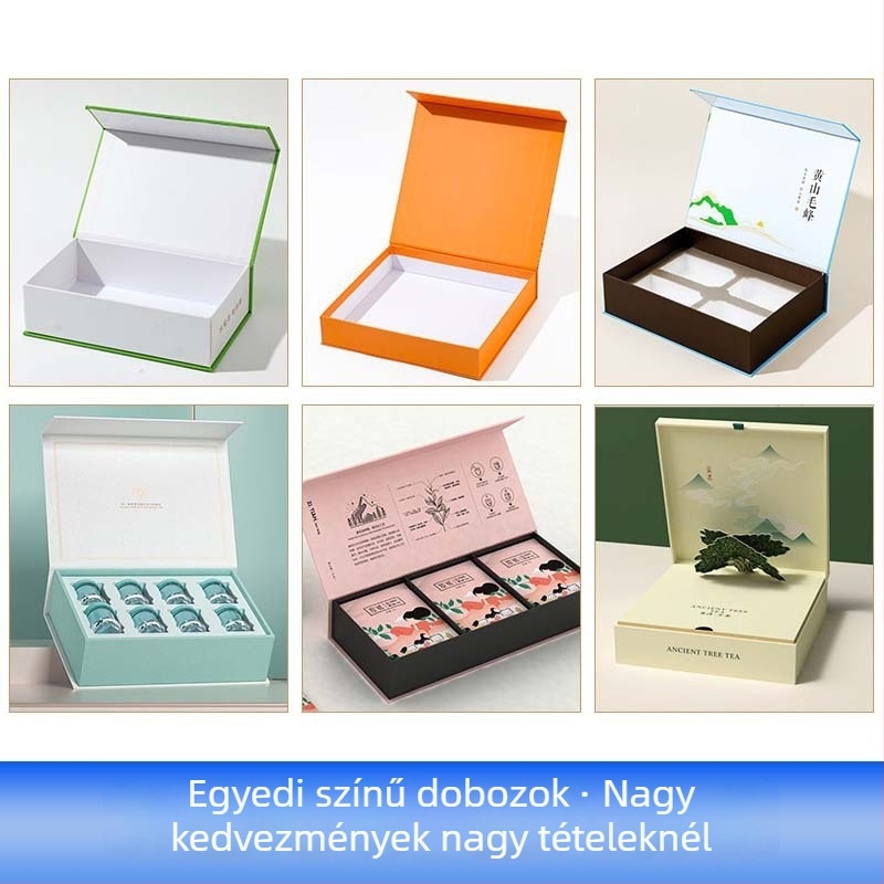 Újévi ajándék doboz kartonból, testreszabható; 230 GSM papír; nyomtatási eljárások: offset, szitanyomás, reliefnyomás, UV nyomtatás, arany/ezüst bélyegzés; logónyomtatás elérhető; belső és külső méretek testreszabhatók