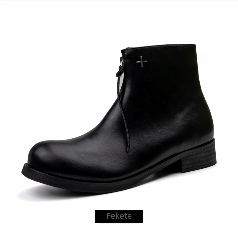 Borjúbőr Chelsea csizma, vintage stílus, oldalsó cipzár, matt talp, középmagas sarok 3–5 cm.