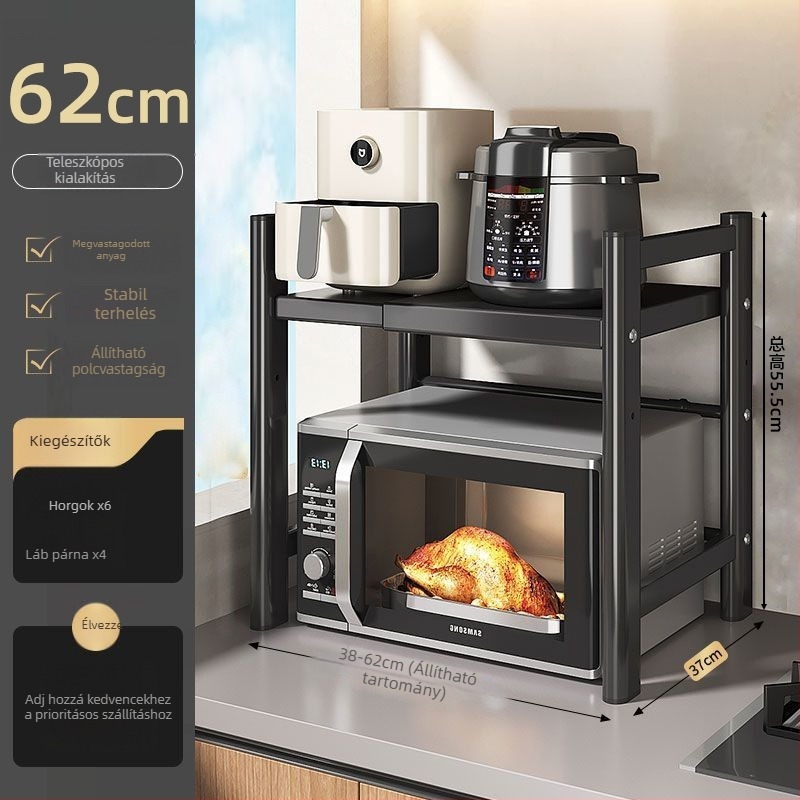 Asztali mikrosütő és rizsfőző tárolóállvány, többszintes, kihúzható, szénacélból, modern letisztult stílus