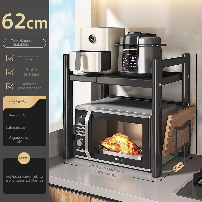 Asztali mikrosütő és rizsfőző tárolóállvány, többszintes, kihúzható, szénacélból, modern letisztult stílus