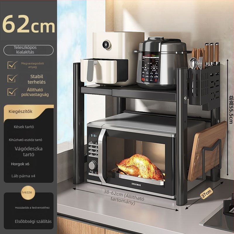 Asztali mikrosütő és rizsfőző tárolóállvány, többszintes, kihúzható, szénacélból, modern letisztult stílus