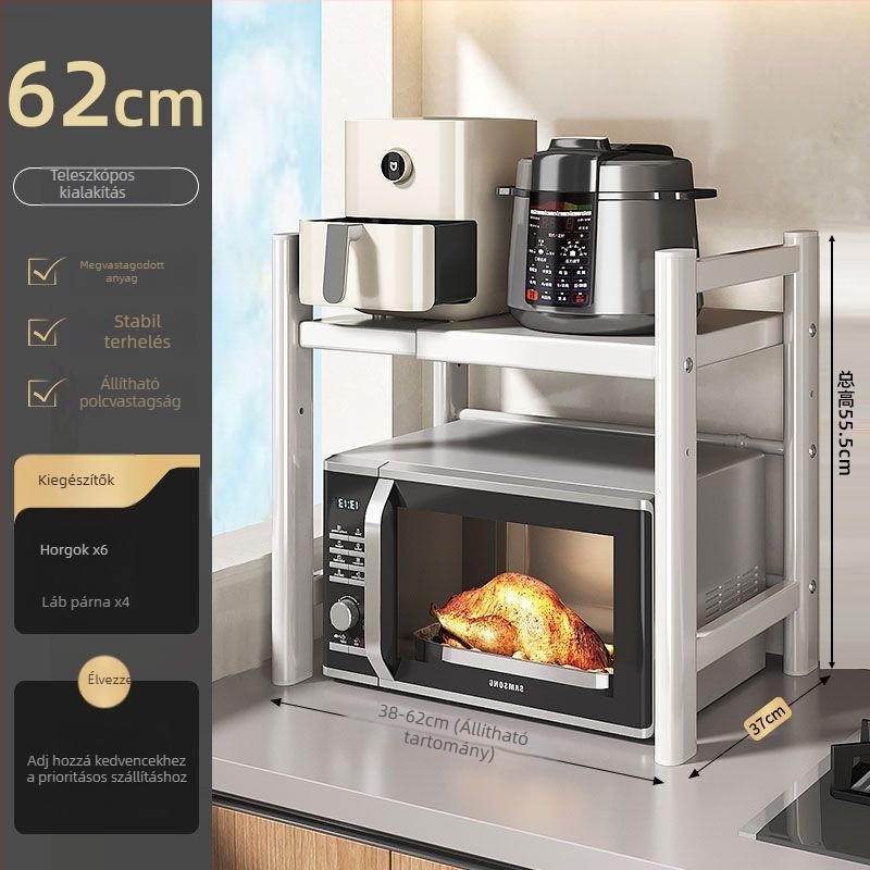 Asztali mikrosütő és rizsfőző tárolóállvány, többszintes, kihúzható, szénacélból, modern letisztult stílus