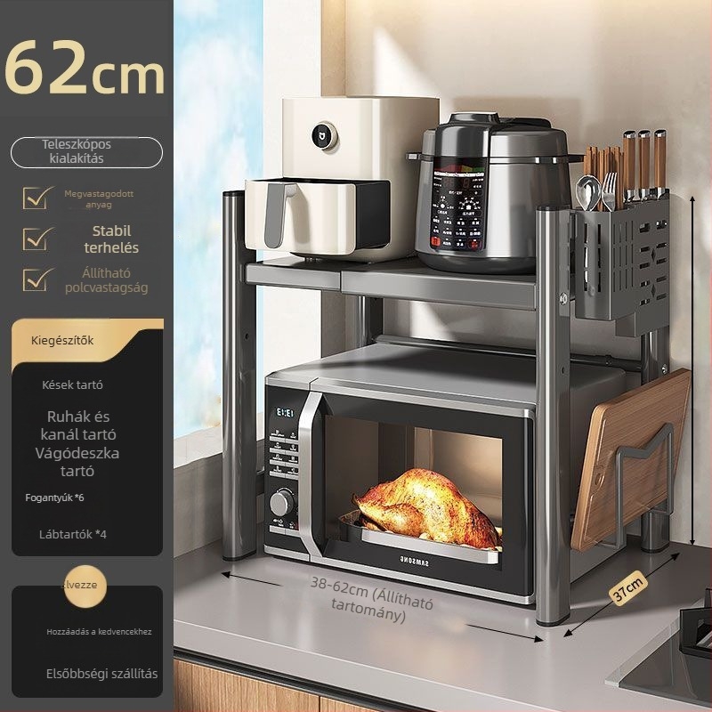 Asztali mikrosütő és rizsfőző tárolóállvány, többszintes, kihúzható, szénacélból, modern letisztult stílus