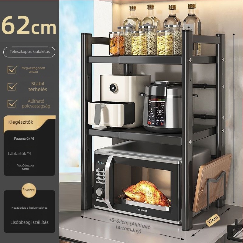 Asztali mikrosütő és rizsfőző tárolóállvány, többszintes, kihúzható, szénacélból, modern letisztult stílus