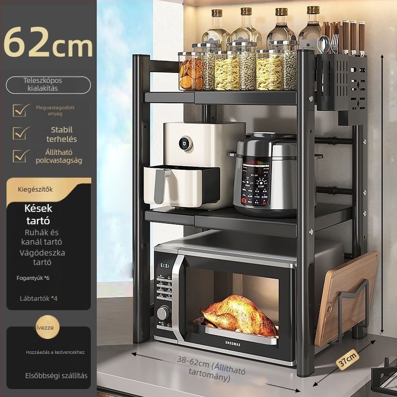 Asztali mikrosütő és rizsfőző tárolóállvány, többszintes, kihúzható, szénacélból, modern letisztult stílus