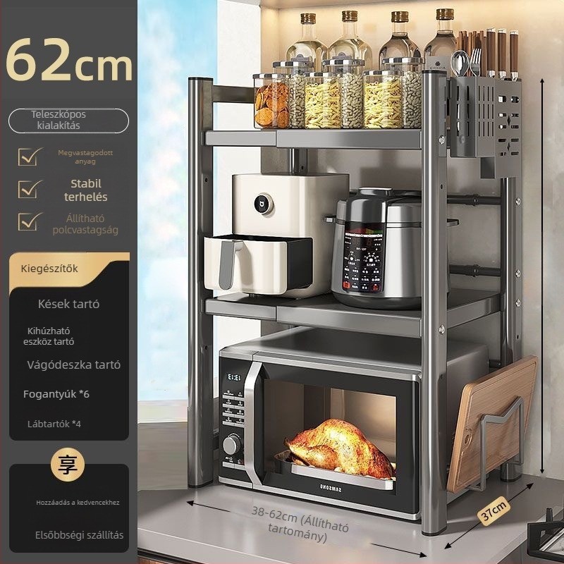 Asztali mikrosütő és rizsfőző tárolóállvány, többszintes, kihúzható, szénacélból, modern letisztult stílus