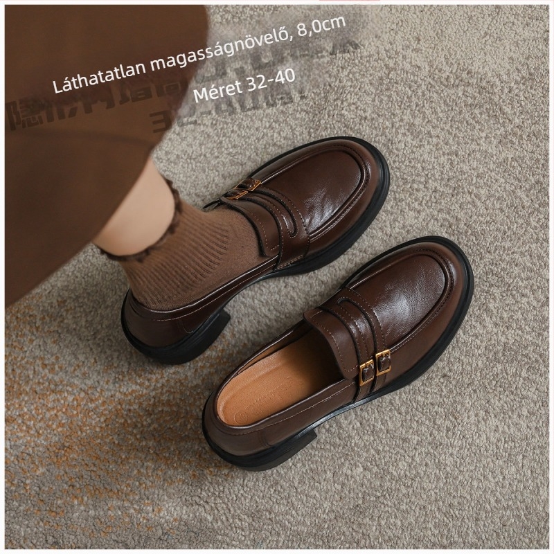 8,0 cm-es magasságot növelő bőr loaferek, kerek orrú, vastag sarok, csattal záródó slip‑on