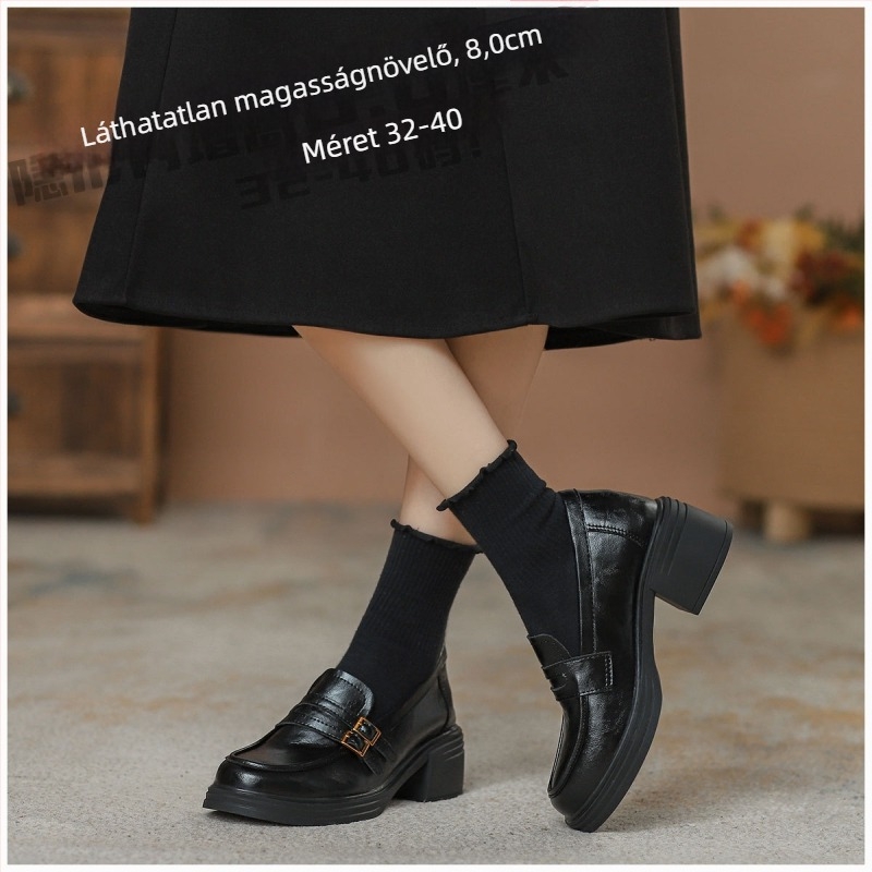 8,0 cm-es magasságot növelő bőr loaferek, kerek orrú, vastag sarok, csattal záródó slip‑on