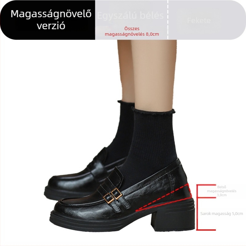 8,0 cm-es magasságot növelő bőr loaferek, kerek orrú, vastag sarok, csattal záródó slip‑on