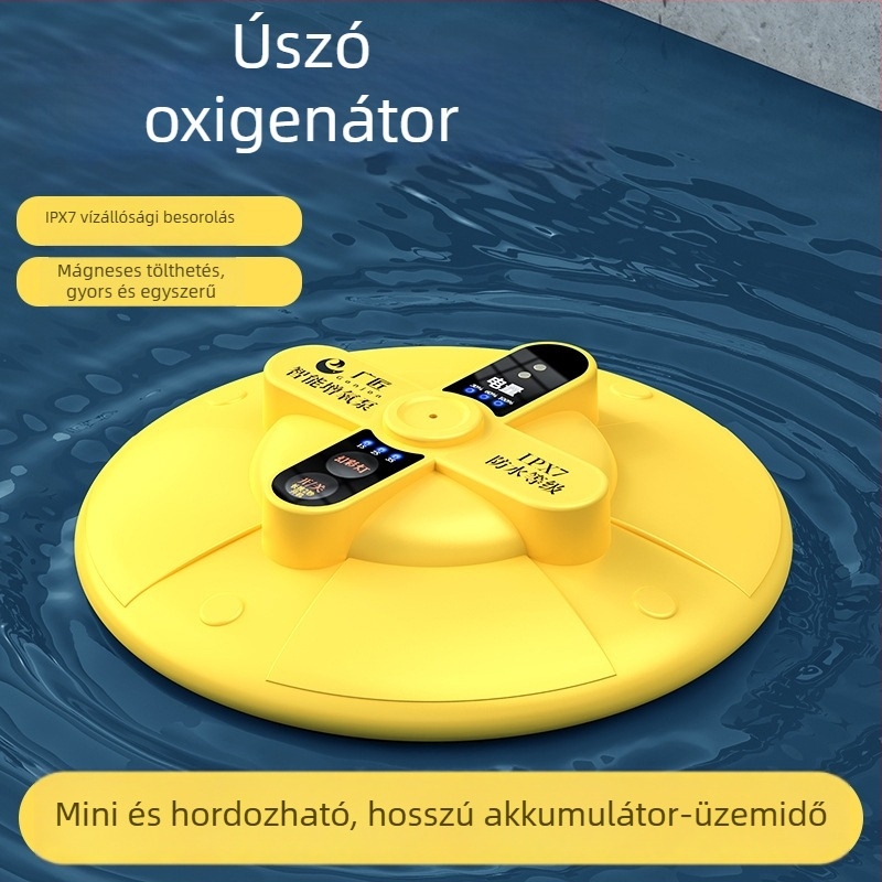 Akvarisztikus oxigénpumpa úszó kivitelben, vízálló, rendkívül csendes DC tápegység, tömeg 255 g, zaj 32 dB