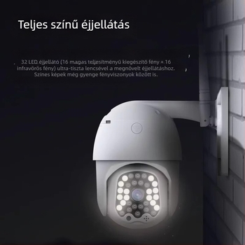 Kültéri megfigyelő kamera otthoni használatra, 8MP/4K felbontás, -20°C–60°C üzemmérséklet, 220V tápegység, ABS+PC ház, beltéri és kültéri használatra.