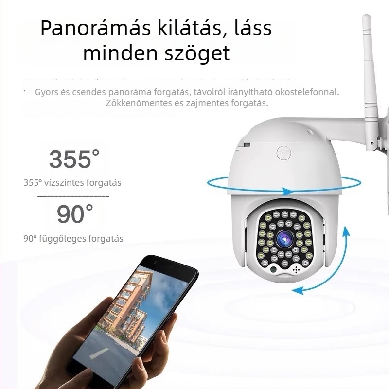 Kültéri megfigyelő kamera otthoni használatra, 8MP/4K felbontás, -20°C–60°C üzemmérséklet, 220V tápegység, ABS+PC ház, beltéri és kültéri használatra.