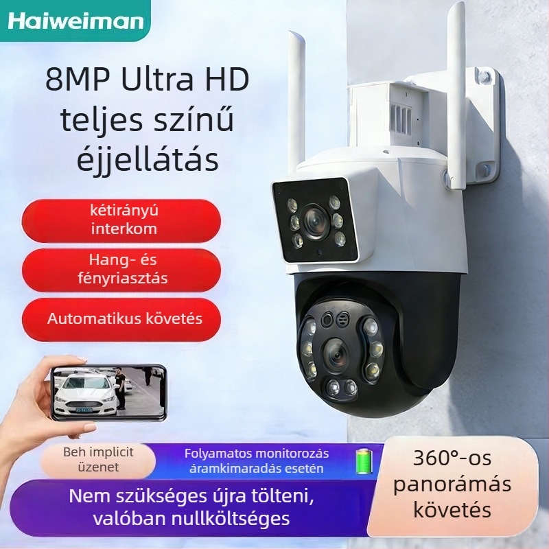 Kültéri megfigyelő kamera otthoni használatra, 8MP/4K felbontás, -20°C–60°C üzemmérséklet, 220V tápegység, ABS+PC ház, beltéri és kültéri használatra.