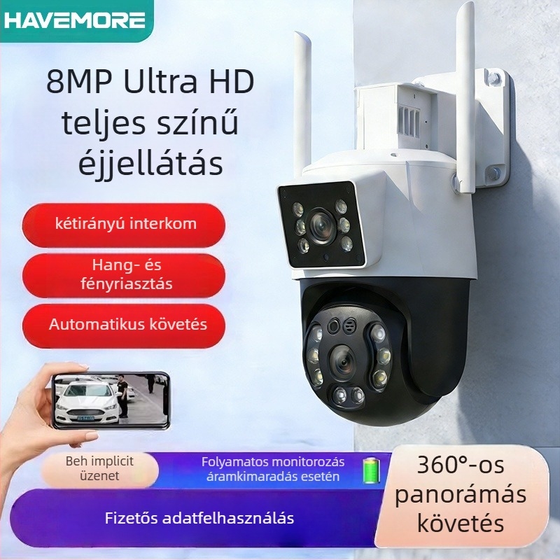 Kültéri megfigyelő kamera otthoni használatra, 8MP/4K felbontás, -20°C–60°C üzemmérséklet, 220V tápegység, ABS+PC ház, beltéri és kültéri használatra.