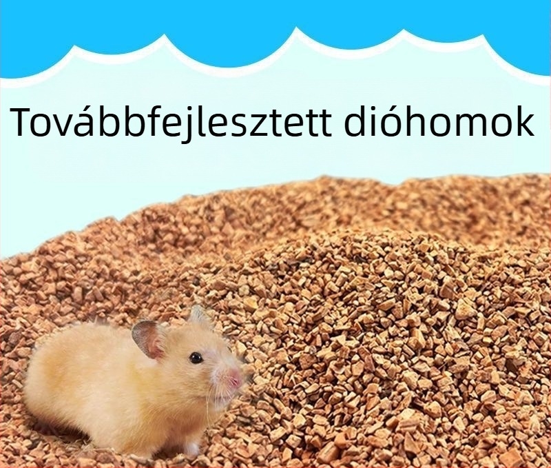 Mosható dióhéj-homok-alom hörcsögöknek, aranyhörcsög számára; vizelet-abszorpciós szemcsék a terrárium dekorálásához és hűtéséhez