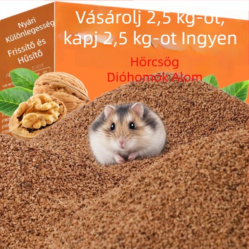 Mosható dióhéj-homok-alom hörcsögöknek, aranyhörcsög számára; vizelet-abszorpciós szemcsék a terrárium dekorálásához és hűtéséhez