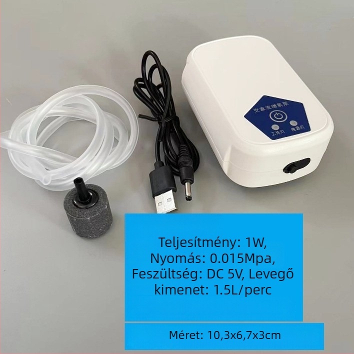 Akváriumi oxigénpumpa - USB Li-ion akkumulátor, hordozható kültérre, DC tápegység, súly 0.5 kg, zaj 10 dB