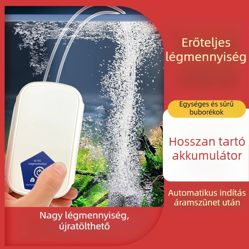 Akváriumi oxigénpumpa - USB Li-ion akkumulátor, hordozható kültérre, DC tápegység, súly 0.5 kg, zaj 10 dB