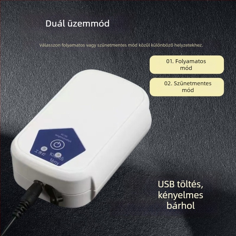 Akváriumi oxigénpumpa - USB Li-ion akkumulátor, hordozható kültérre, DC tápegység, súly 0.5 kg, zaj 10 dB