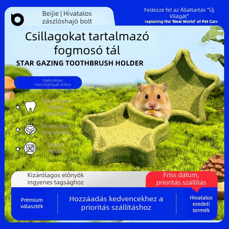 Belgi fogzási tál hörcsögöknek és aranyhörcsögöknek ehető fűvel, tápláló fő étellel és rágó játékkal