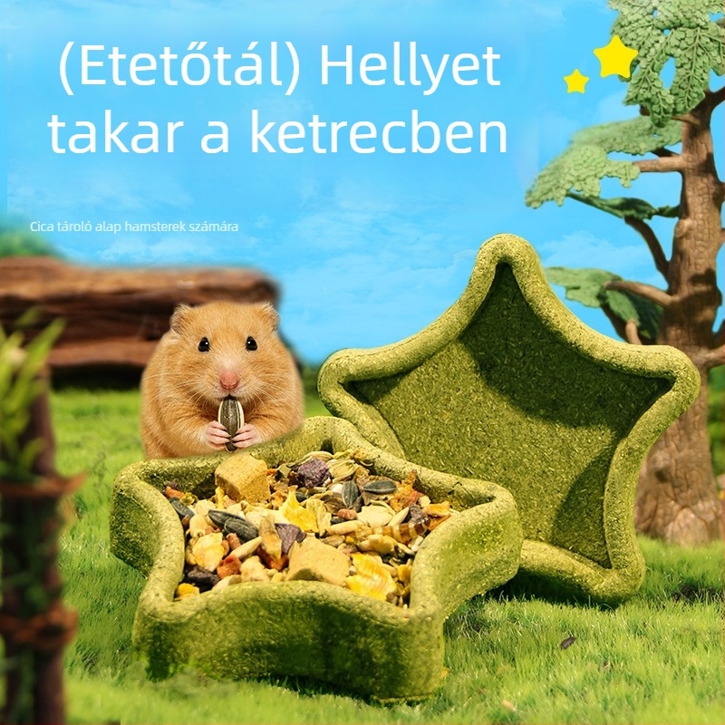 Belgi fogzási tál hörcsögöknek és aranyhörcsögöknek ehető fűvel, tápláló fő étellel és rágó játékkal