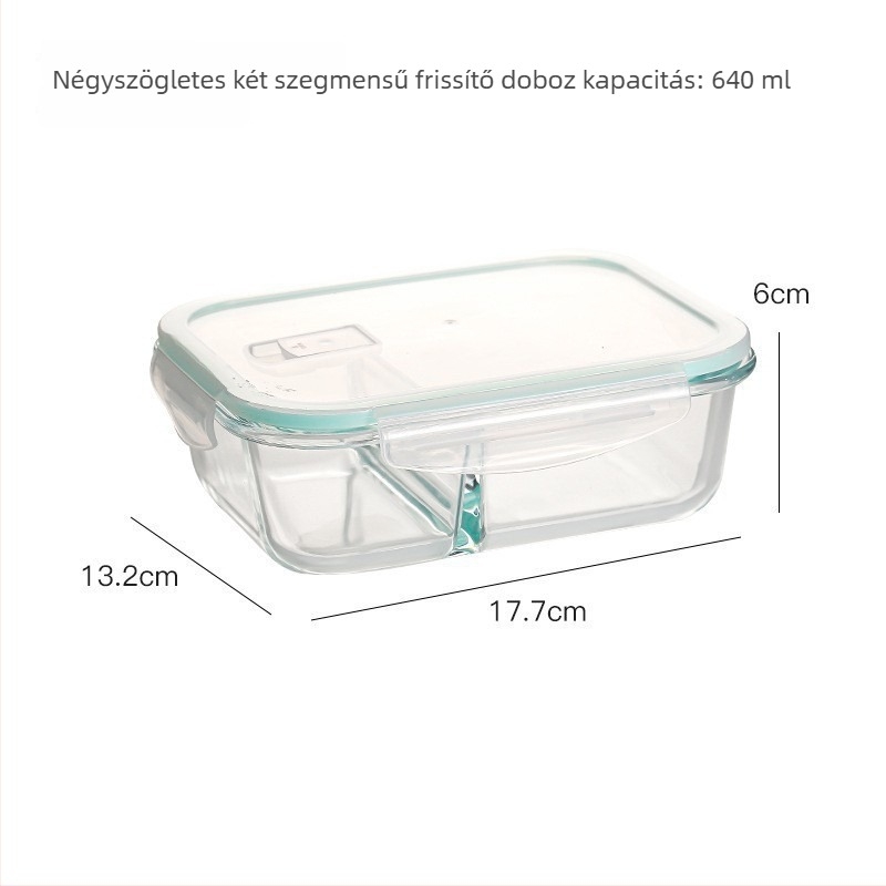 Boroszilikát üvegből készült ebédes doboz, téglalap alakú, hőálló, mikróba tehető, zárható fedéllel, három rekesz; kapacitások: 301–500 ml, 501–800 ml, 800–1000 ml, 1–2 L