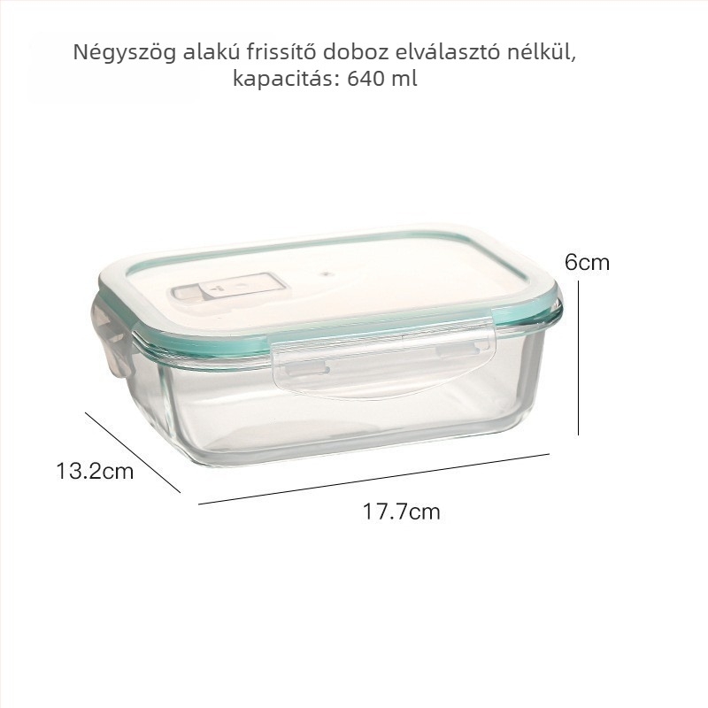Boroszilikát üvegből készült ebédes doboz, téglalap alakú, hőálló, mikróba tehető, zárható fedéllel, három rekesz; kapacitások: 301–500 ml, 501–800 ml, 800–1000 ml, 1–2 L