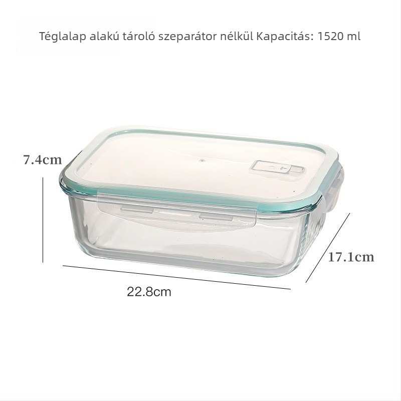 Boroszilikát üvegből készült ebédes doboz, téglalap alakú, hőálló, mikróba tehető, zárható fedéllel, három rekesz; kapacitások: 301–500 ml, 501–800 ml, 800–1000 ml, 1–2 L