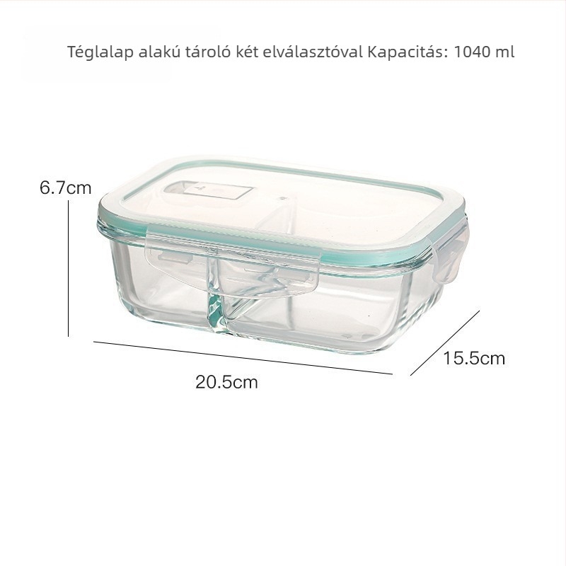 Boroszilikát üvegből készült ebédes doboz, téglalap alakú, hőálló, mikróba tehető, zárható fedéllel, három rekesz; kapacitások: 301–500 ml, 501–800 ml, 800–1000 ml, 1–2 L