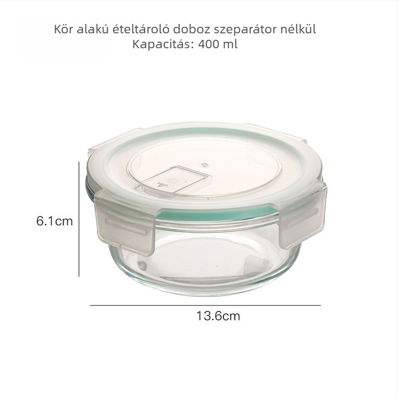 Boroszilikát üvegből készült ebédes doboz, téglalap alakú, hőálló, mikróba tehető, zárható fedéllel, három rekesz; kapacitások: 301–500 ml, 501–800 ml, 800–1000 ml, 1–2 L