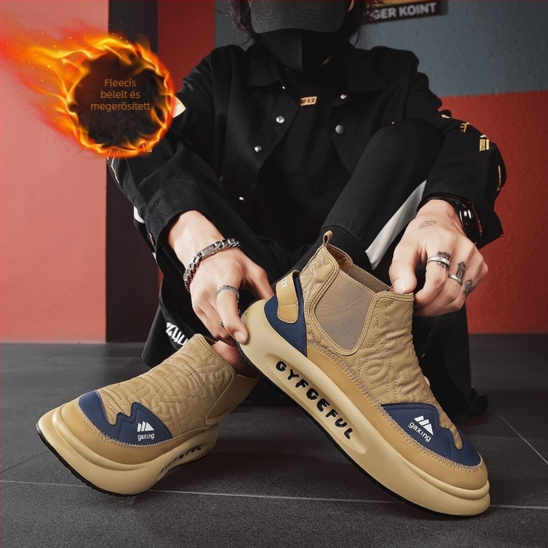 Férfi téli slip-on cipő, vízálló, meleg, anti-slip gumitalpú, PU felső, vastag talp, casual viselet