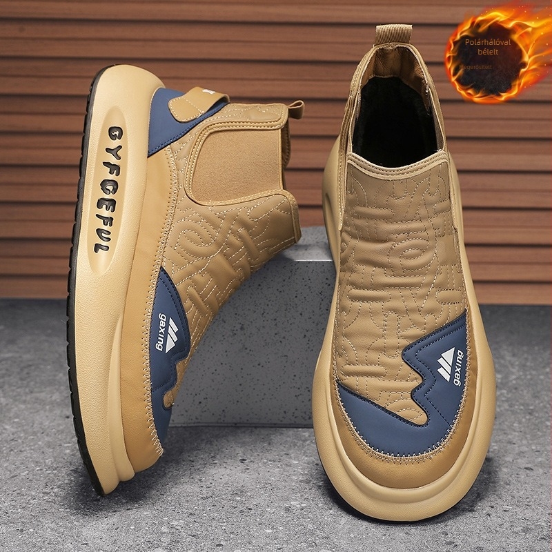 Férfi téli slip-on cipő, vízálló, meleg, anti-slip gumitalpú, PU felső, vastag talp, casual viselet
