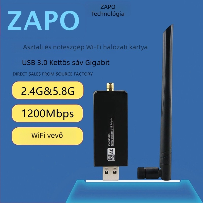ZAPO W50L-5DB USB Wi‑Fi adapter, RTL8812AU, 1200Mbps, dual-band 2,4/5 GHz, IEEE 802.11ac/a/b/g/n támogatja