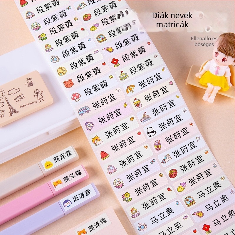 Név címkék óvoda és általános iskola számára, vízálló és szakadásálló, aranyos stílus, nyomtatott kivitel