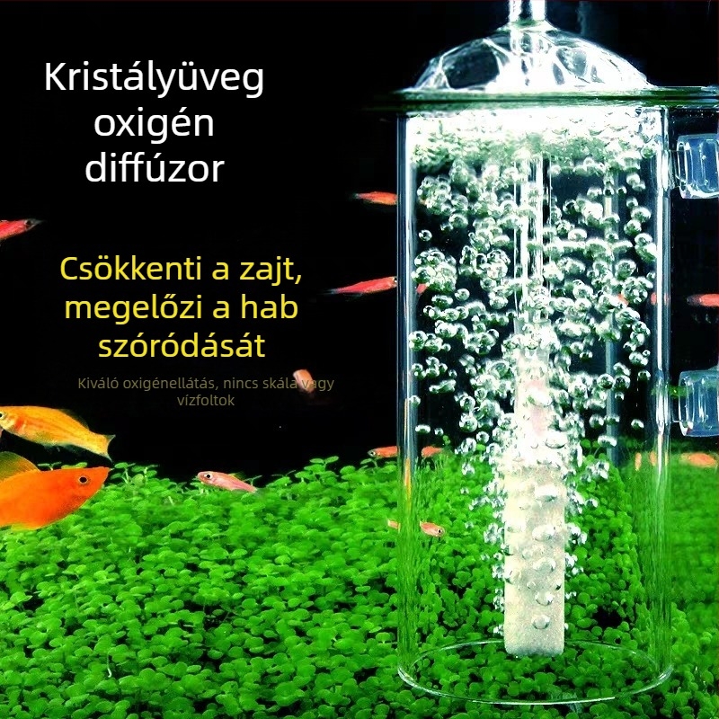 Üvegből készült akváriumi oxigén-difúzor, anti-splash kialakítású, magas boroszilikát üveg, tömeg 107 g