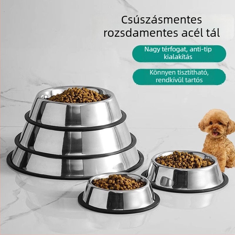 Rozsdamentes acélból készült csúszásmentes, kettős használatú etető- és itatótál nagytestű kutyáknak (Golden Retriever)
