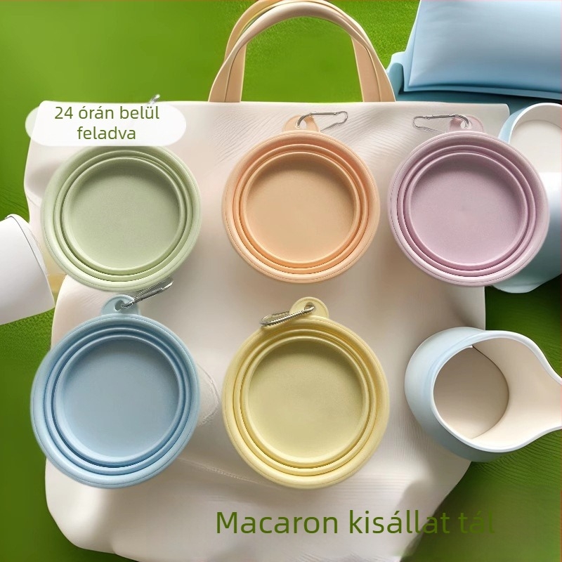 Macaron-stílusú összecsukható függő tál kutyáknak és macskáknak – hordozható kültéri ivó- és etetőtál, szilikonból