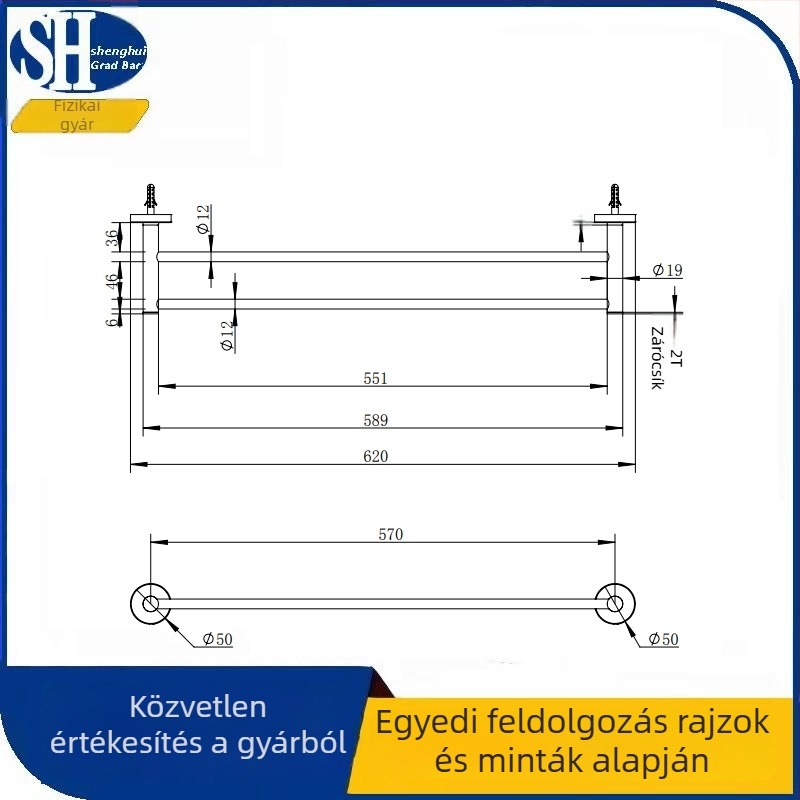 Fürdőszobai kettős törölközőtartó rozsdamentes acélból, 2 szintes, teherbírás 30 kg, Sheng Hui márka, kód 5004