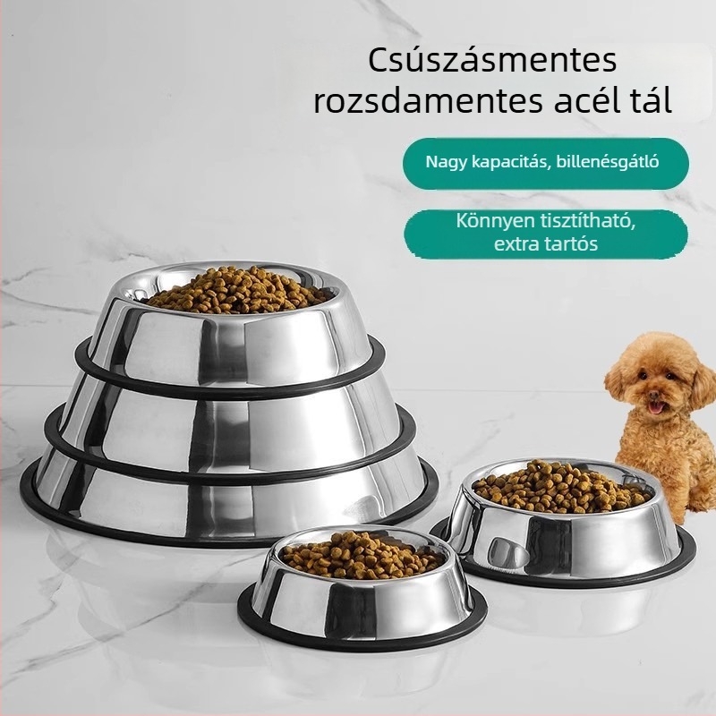 Rozsdamentes acélból készült csúszásmentes, kiömlésmentes etető- és itatótál kutyáknak és macskáknak, kettős használatú, nagytestű kutyáknak