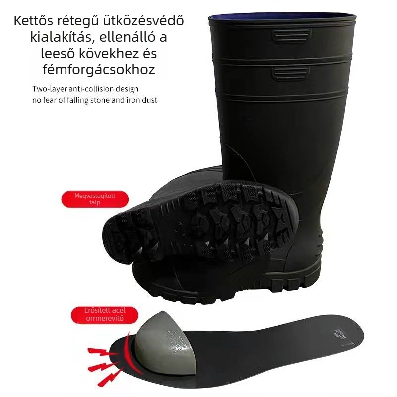 Ipari biztonsági esőcsizma PVC felsőrésszel és műanyag talppal; magas szár, belső hálós bélés, textil talpbetét; anti-slip, lélegző, kopásálló