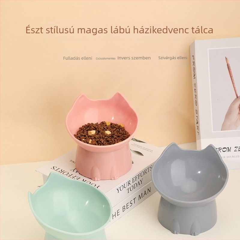 Emelt műanyag etetőtál háziállatok számára ferde peremmel, kiöntés elleni kialakítással, macskáknak és kutyáknak