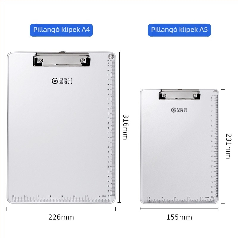 Fémes íróasztali tábla csipesz és lemezklipsz, A4/A5-hoz, lemezvastagság 5 mm, hátsó szélesség 316x226 vagy 231x154
