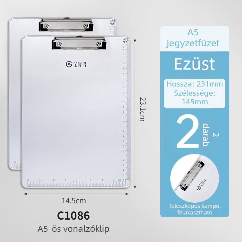 Fémes íróasztali tábla csipesz és lemezklipsz, A4/A5-hoz, lemezvastagság 5 mm, hátsó szélesség 316x226 vagy 231x154