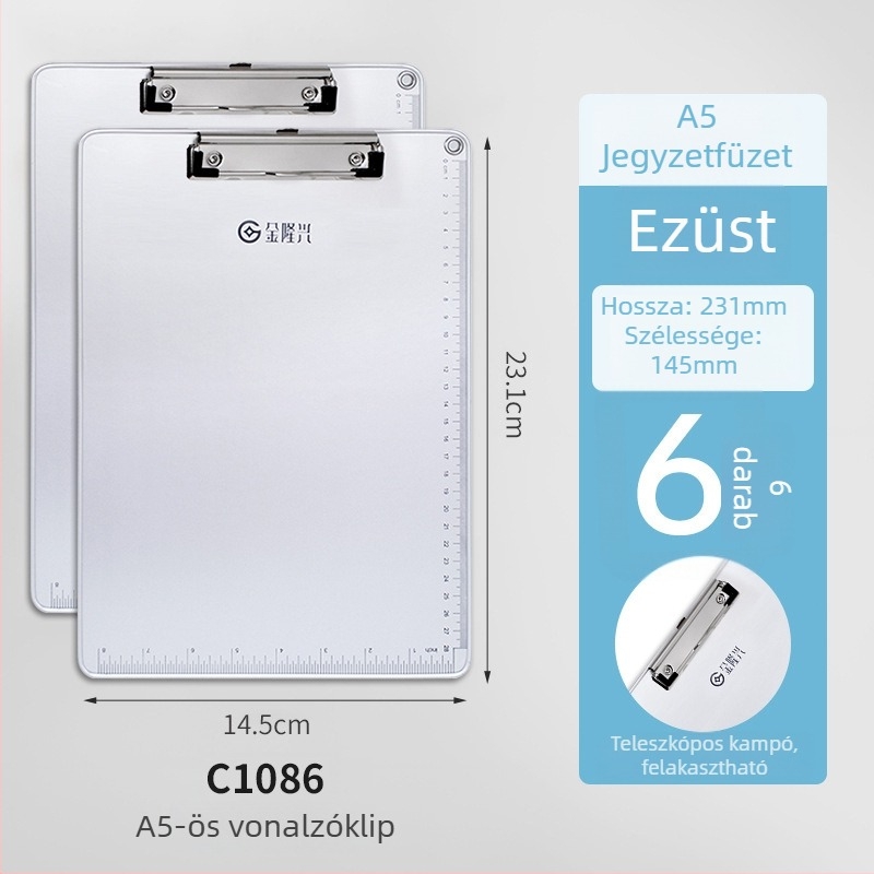 Fémes íróasztali tábla csipesz és lemezklipsz, A4/A5-hoz, lemezvastagság 5 mm, hátsó szélesség 316x226 vagy 231x154