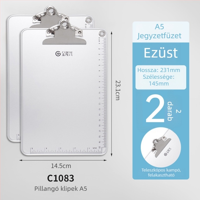 Fémes íróasztali tábla csipesz és lemezklipsz, A4/A5-hoz, lemezvastagság 5 mm, hátsó szélesség 316x226 vagy 231x154