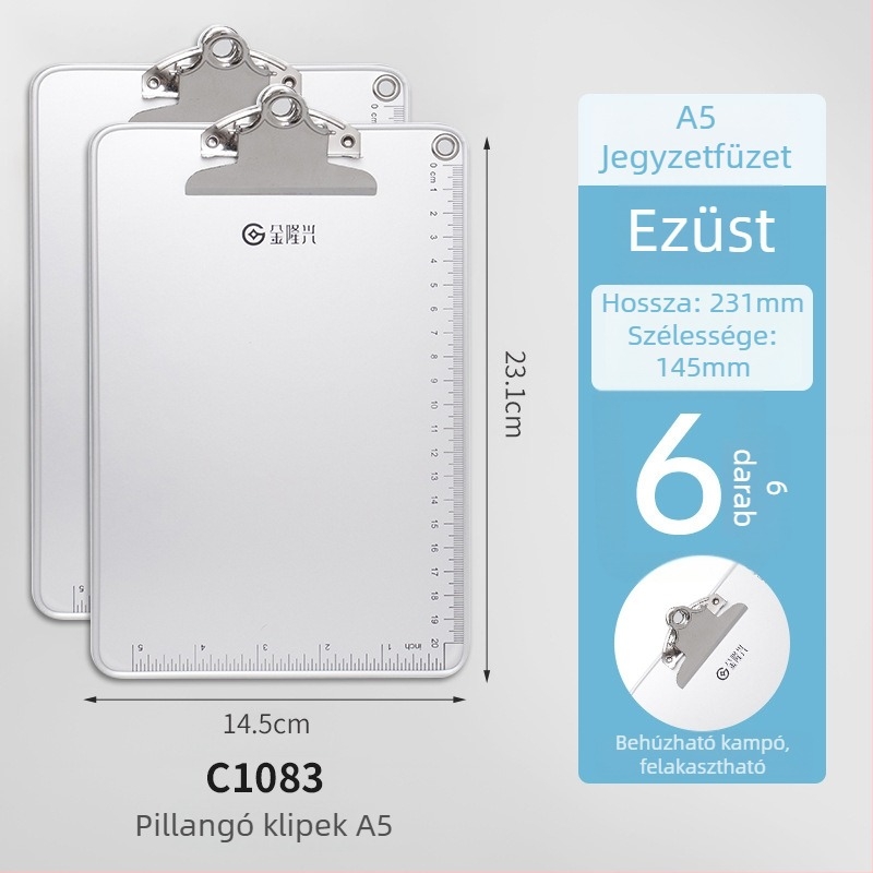 Fémes íróasztali tábla csipesz és lemezklipsz, A4/A5-hoz, lemezvastagság 5 mm, hátsó szélesség 316x226 vagy 231x154