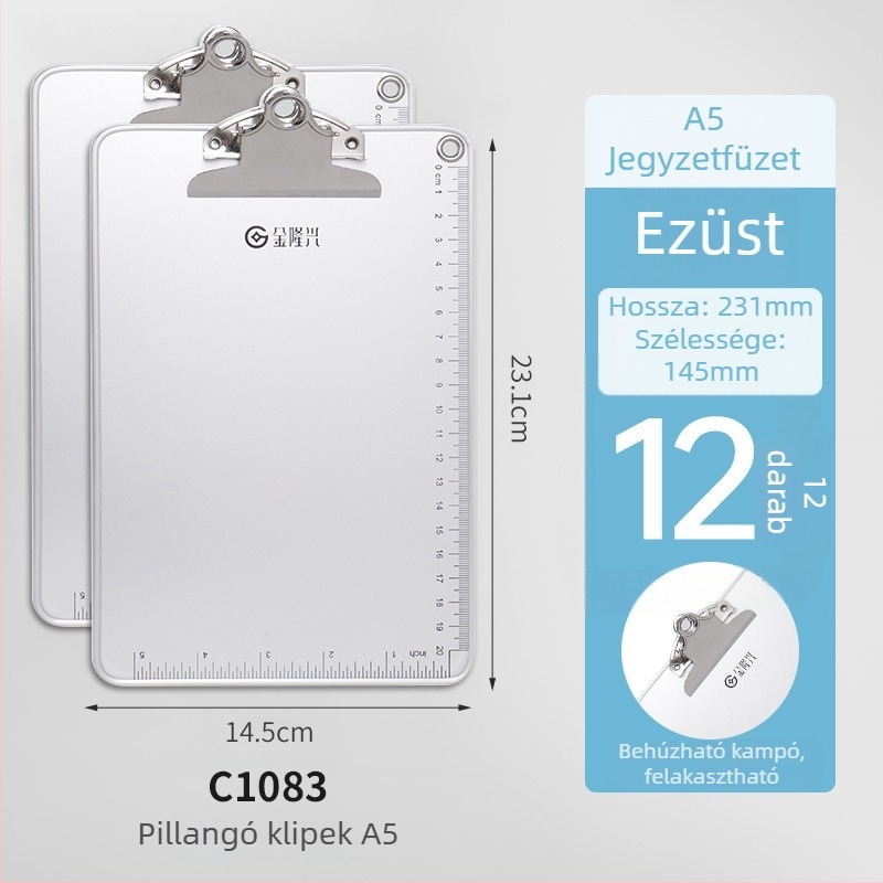 Fémes íróasztali tábla csipesz és lemezklipsz, A4/A5-hoz, lemezvastagság 5 mm, hátsó szélesség 316x226 vagy 231x154