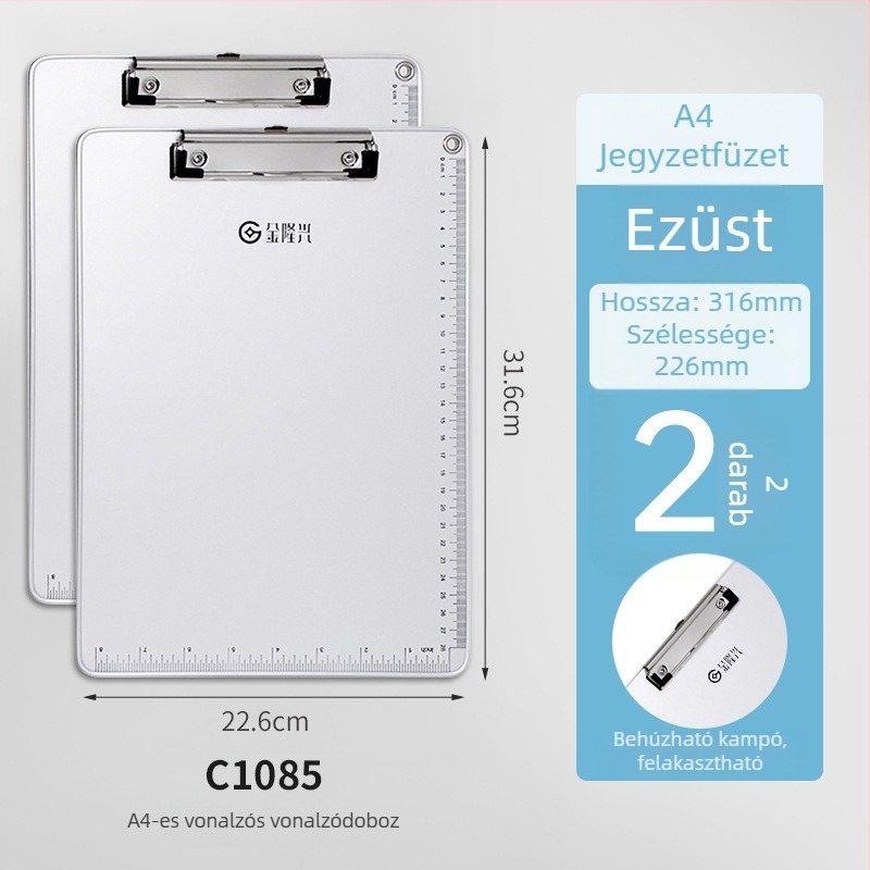 Fémes íróasztali tábla csipesz és lemezklipsz, A4/A5-hoz, lemezvastagság 5 mm, hátsó szélesség 316x226 vagy 231x154