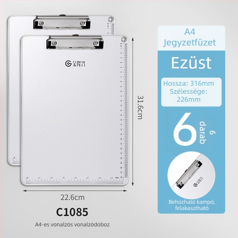 Fémes íróasztali tábla csipesz és lemezklipsz, A4/A5-hoz, lemezvastagság 5 mm, hátsó szélesség 316x226 vagy 231x154