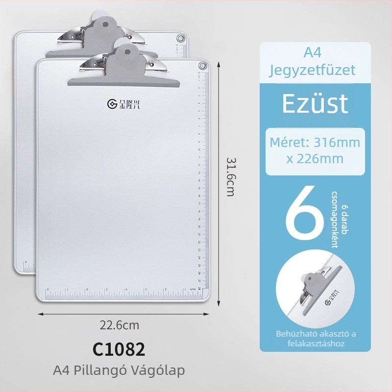 Fémes íróasztali tábla csipesz és lemezklipsz, A4/A5-hoz, lemezvastagság 5 mm, hátsó szélesség 316x226 vagy 231x154